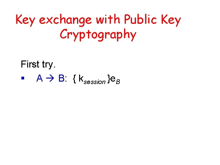 Key exchange with Public Key Cryptography First try. § A B: { ksession }e.