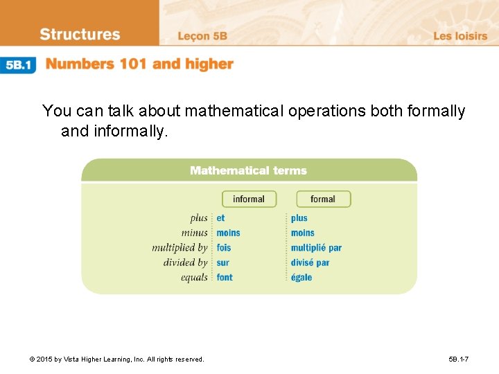 You can talk about mathematical operations both formally and informally. © 2015 by Vista
