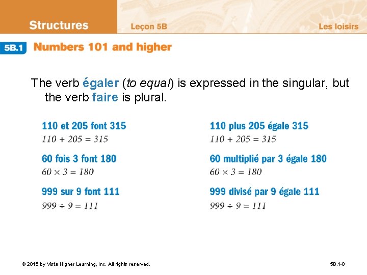 The verb égaler (to equal) is expressed in the singular, but the verb faire