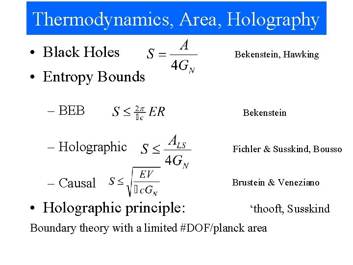 Thermodynamics, Area, Holography • Black Holes Bekenstein, Hawking • Entropy Bounds – BEB Bekenstein