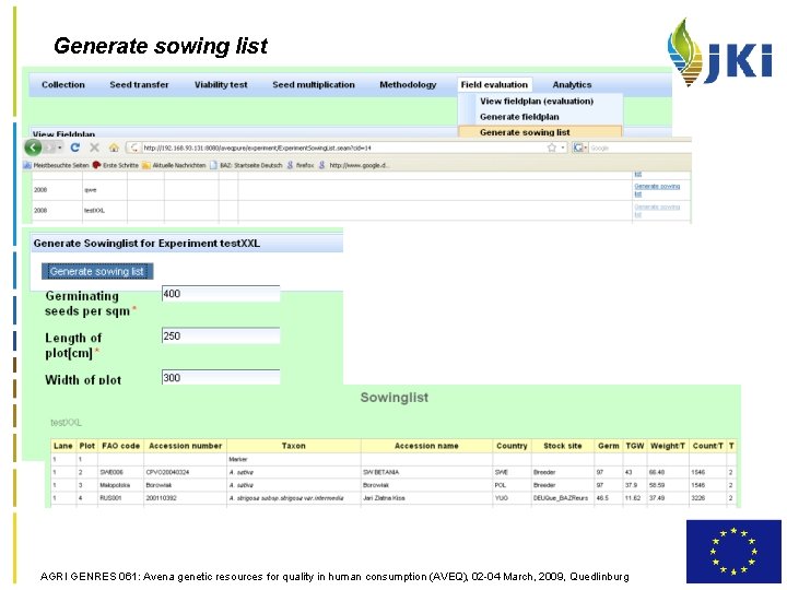 Generate sowing list AGRI GENRES 061: Avena genetic resources for quality in human consumption