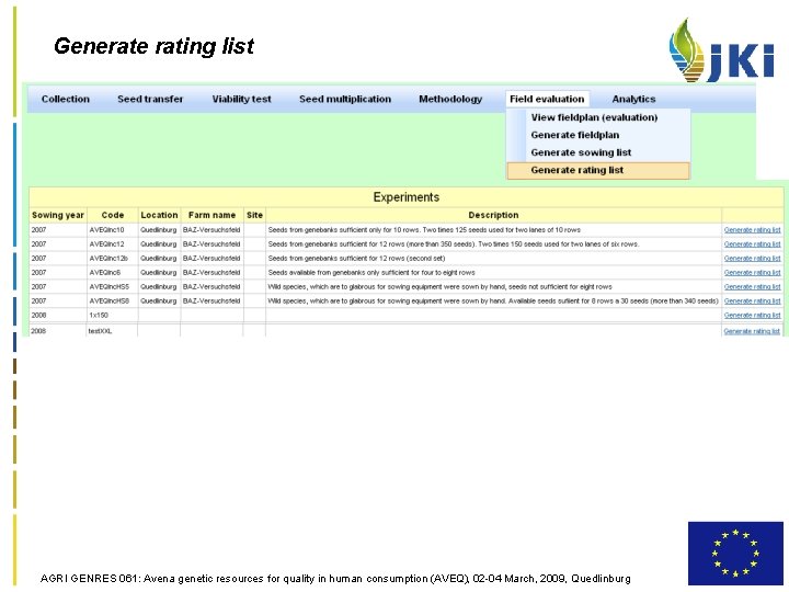 Generate rating list AGRI GENRES 061: Avena genetic resources for quality in human consumption