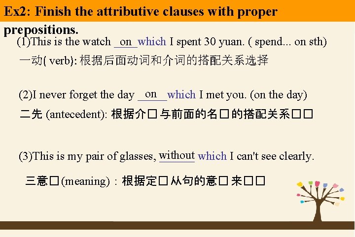 Ex 2: Finish the attributive clauses with proper prepositions. (1)This is the watch ____which