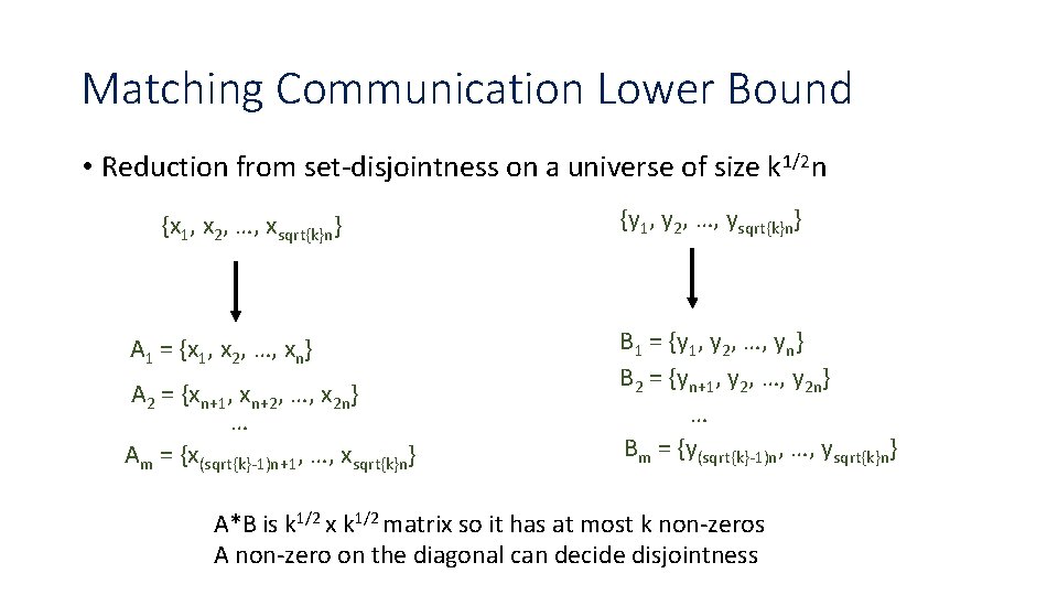 Matching Communication Lower Bound • Reduction from set-disjointness on a universe of size k