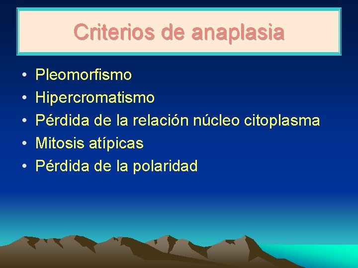 Criterios de anaplasia • • • Pleomorfismo Hipercromatismo Pérdida de la relación núcleo citoplasma