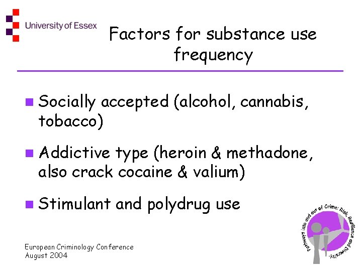 Factors for substance use frequency n Socially accepted (alcohol, cannabis, tobacco) n Addictive type