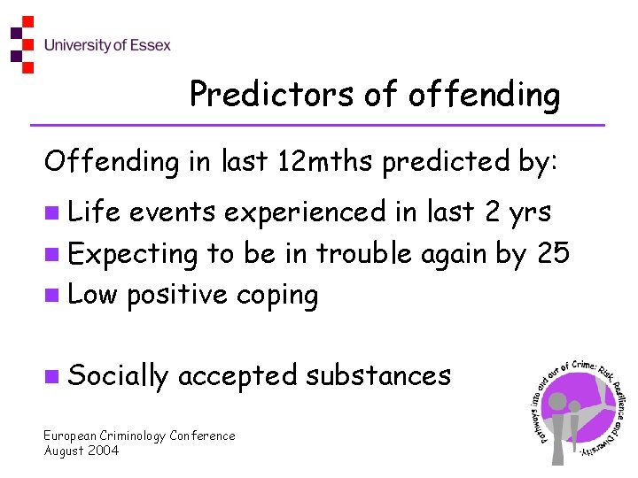 Predictors of offending Offending in last 12 mths predicted by: n Life events experienced