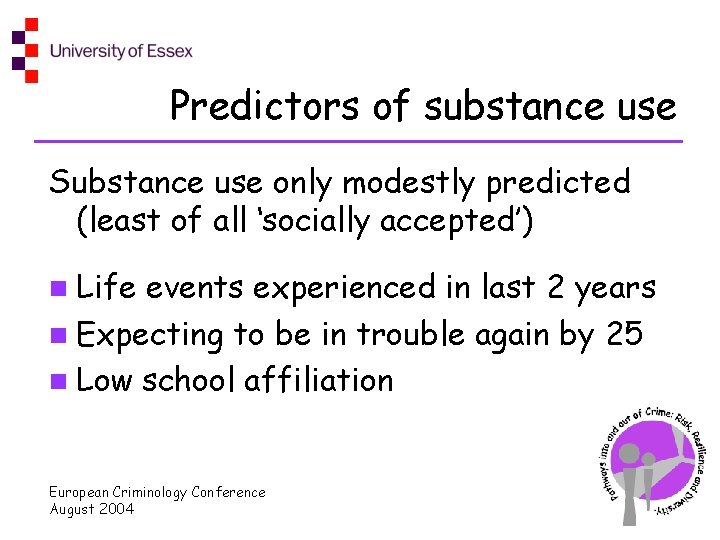 Predictors of substance use Substance use only modestly predicted (least of all ‘socially accepted’)