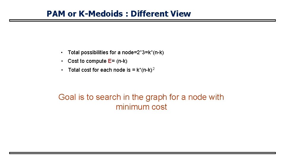 PAM or K-Medoids : Different View • Total possibilities for a node=2*3=k*(n-k) • Cost