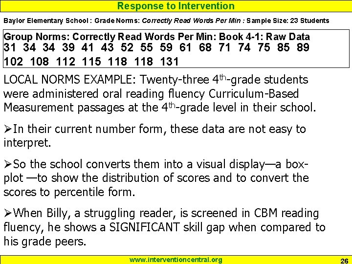 Response to Intervention Baylor Elementary School : Grade Norms: Correctly Read Words Per Min