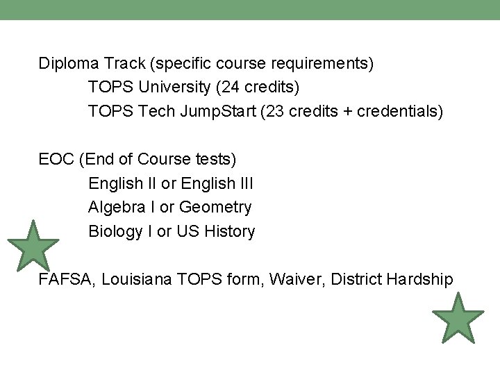 Diploma Track (specific course requirements) TOPS University (24 credits) TOPS Tech Jump. Start (23