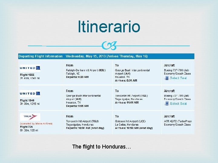 Itinerario The flight to Honduras… 