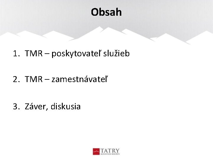 Obsah 1. TMR – poskytovateľ služieb 2. TMR – zamestnávateľ 3. Záver, diskusia 