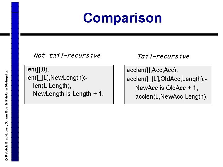 Comparison © Patrick Blackburn, Johan Bos & Kristina Striegnitz Not tail-recursive len([], 0). len([_|L],