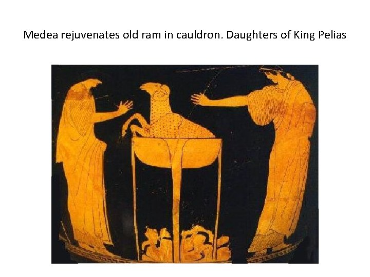 Medea rejuvenates old ram in cauldron. Daughters of King Pelias 