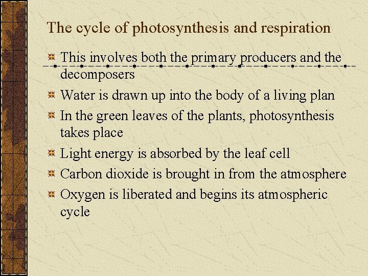 The cycle of photosynthesis and respiration This involves both the primary producers and the