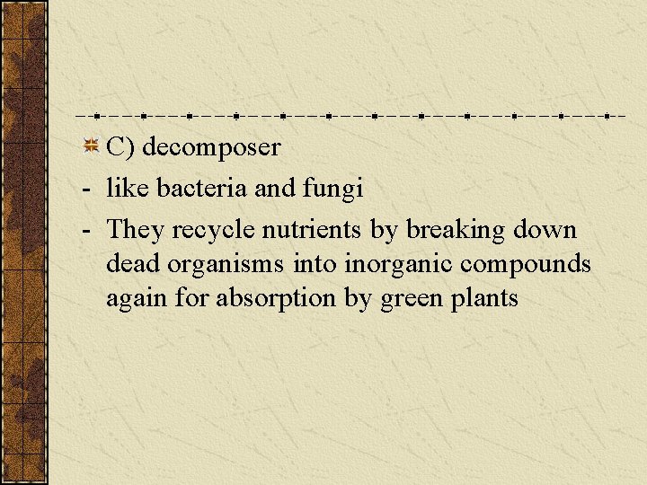 C) decomposer - like bacteria and fungi - They recycle nutrients by breaking down