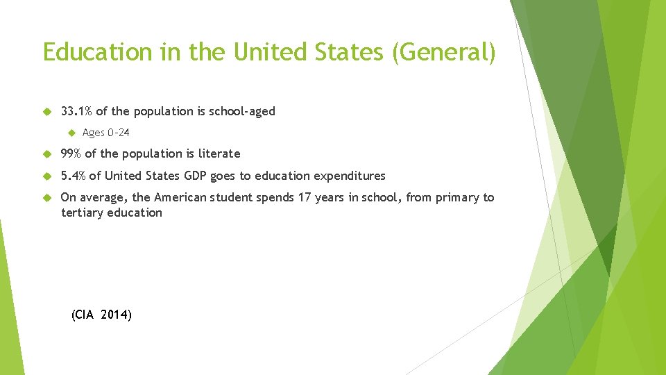 Education in the United States (General) 33. 1% of the population is school-aged Ages