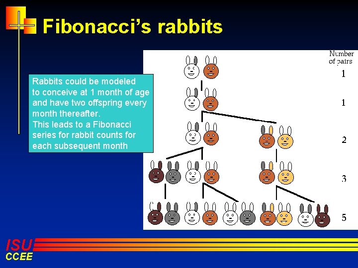 Fibonacci’s rabbits Rabbits could be modeled to conceive at 1 month of age and