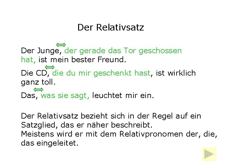 Der Relativsatz Der Junge, der gerade das Tor geschossen hat, ist mein bester Freund.