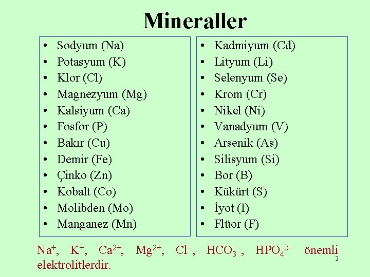 Mineraller • • • Sodyum (Na) Potasyum (K) Klor (Cl) Magnezyum (Mg) Kalsiyum (Ca)