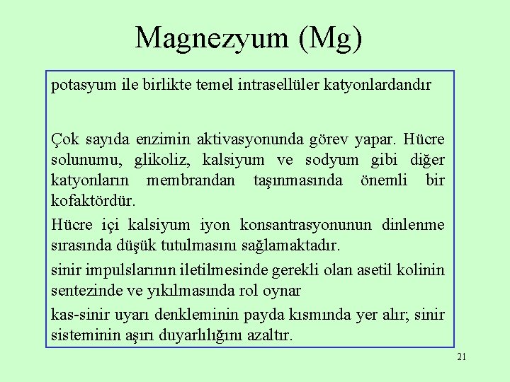 Magnezyum (Mg) potasyum ile birlikte temel intrasellüler katyonlardandır Çok sayıda enzimin aktivasyonunda görev yapar.