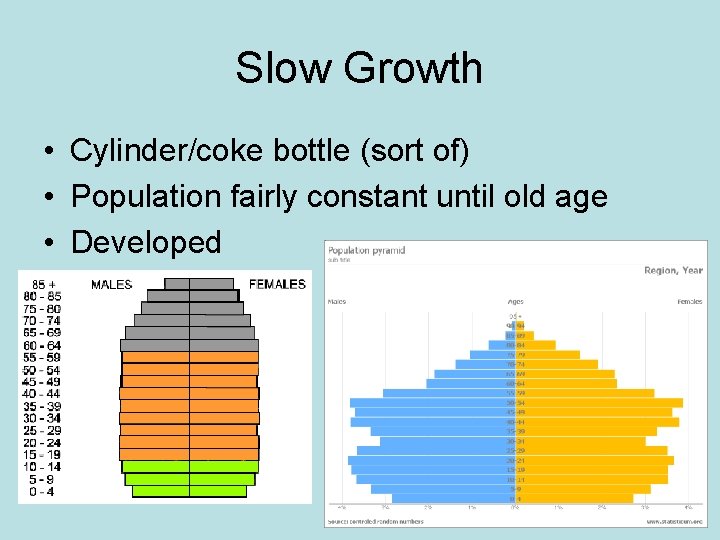 Slow Growth • Cylinder/coke bottle (sort of) • Population fairly constant until old age