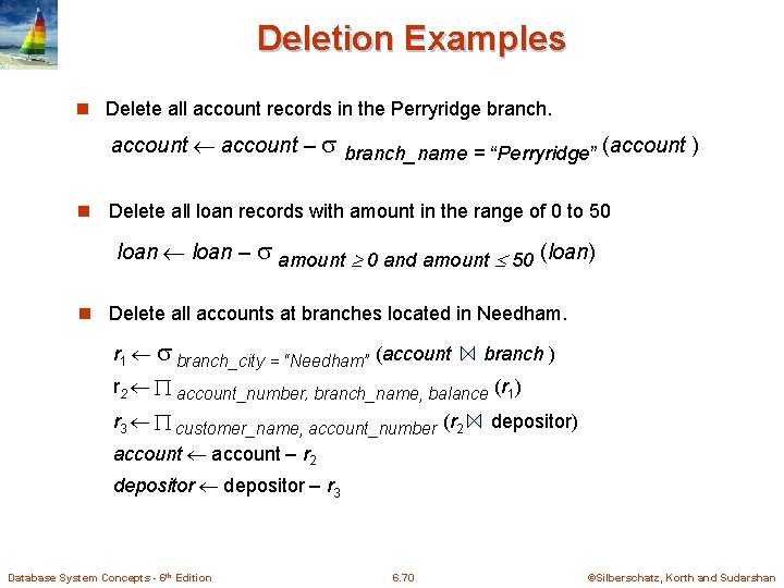 Deletion Examples n Delete all account records in the Perryridge branch. account – branch_name