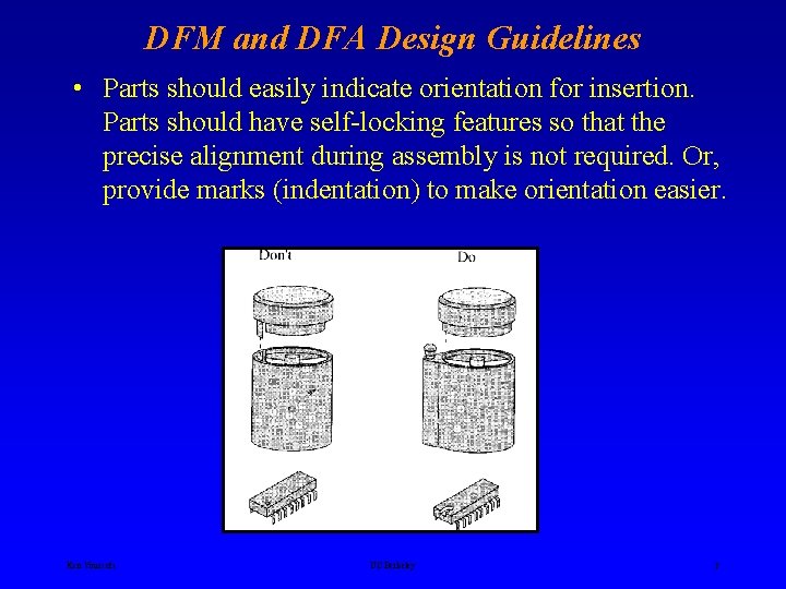 DFM and DFA Design Guidelines • Parts should easily indicate orientation for insertion. Parts DFM and DFA Design Guidelines • Parts should easily indicate orientation for insertion. Parts