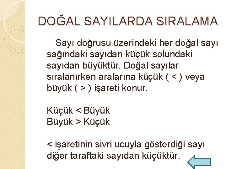 DOĞAL SAYILARDA SIRALAMA Sayı doğrusu üzerindeki her doğal sayı sağındaki sayıdan küçük solundaki sayıdan