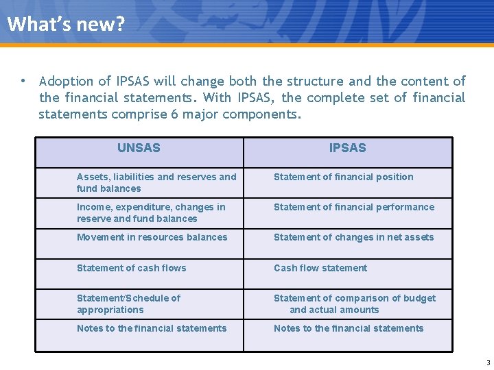 What’s new? • Adoption of IPSAS will change both the structure and the content