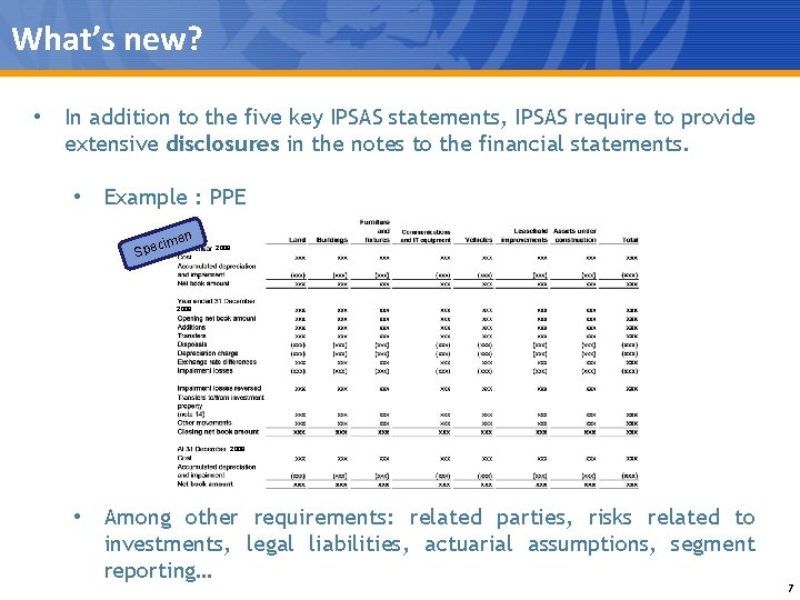What’s new? • In addition to the five key IPSAS statements, IPSAS require to