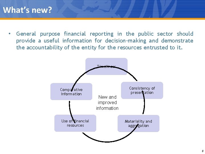 What’s new? • General purpose financial reporting in the public sector should provide a