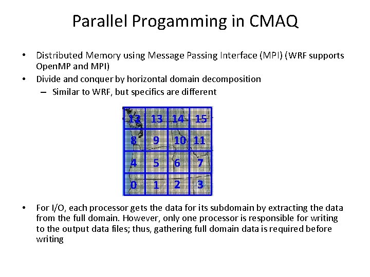Parallel Progamming in CMAQ • Distributed Memory using Message Passing Interface (MPI) (WRF supports