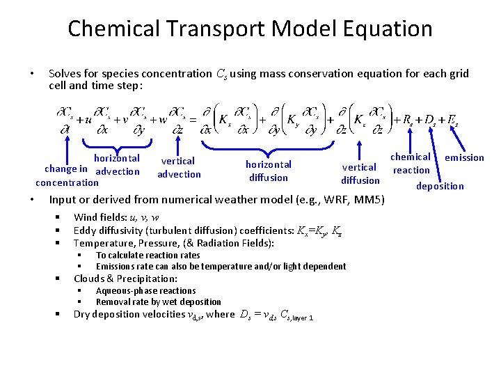 Chemical Transport Model Equation • Solves for species concentration Cs using mass conservation equation