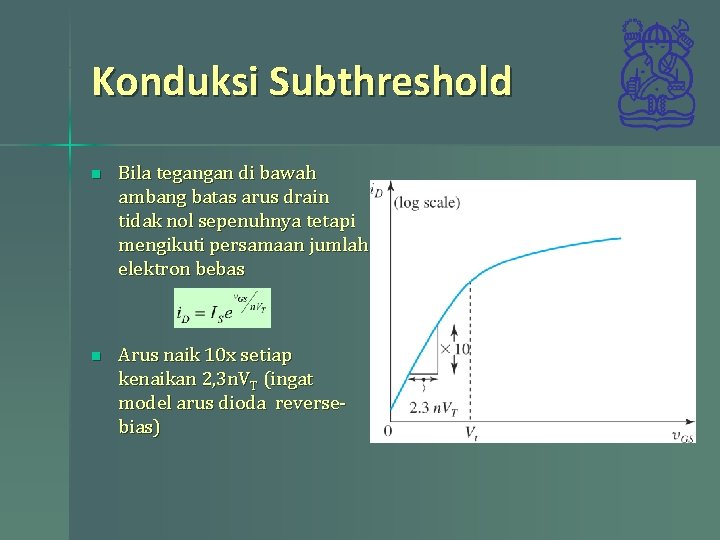 Konduksi Subthreshold n Bila tegangan di bawah ambang batas arus drain tidak nol sepenuhnya