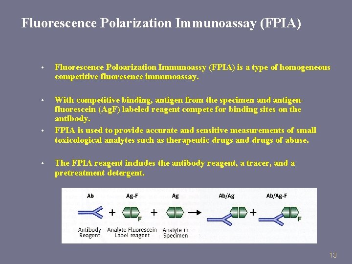 Fluorescence Polarization Immunoassay (FPIA) • Fluorescence Poloarization Immunoassy (FPIA) is a type of homogeneous