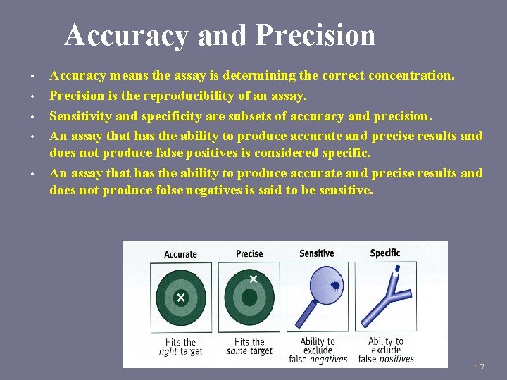 Accuracy and Precision • • • Accuracy means the assay is determining the correct