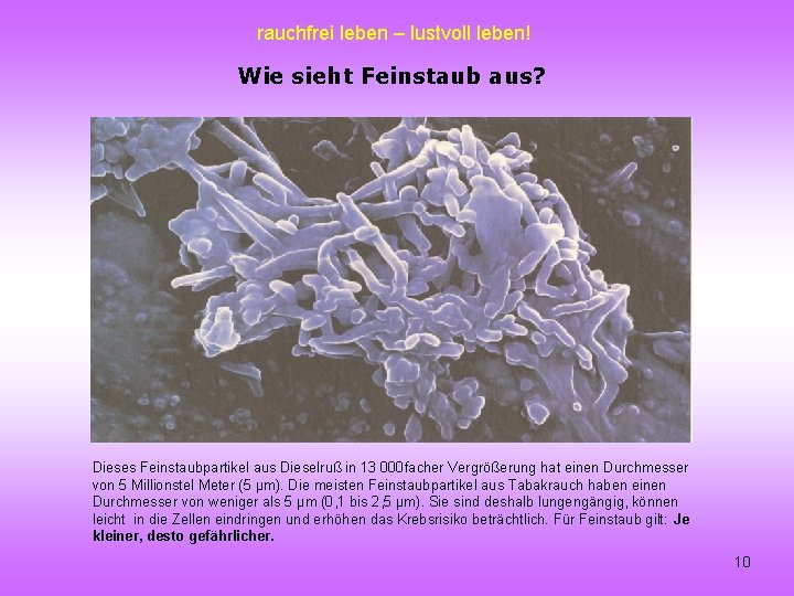 rauchfrei leben – lustvoll leben! Wie sieht Feinstaub aus? Dieses Feinstaubpartikel aus Dieselruß in