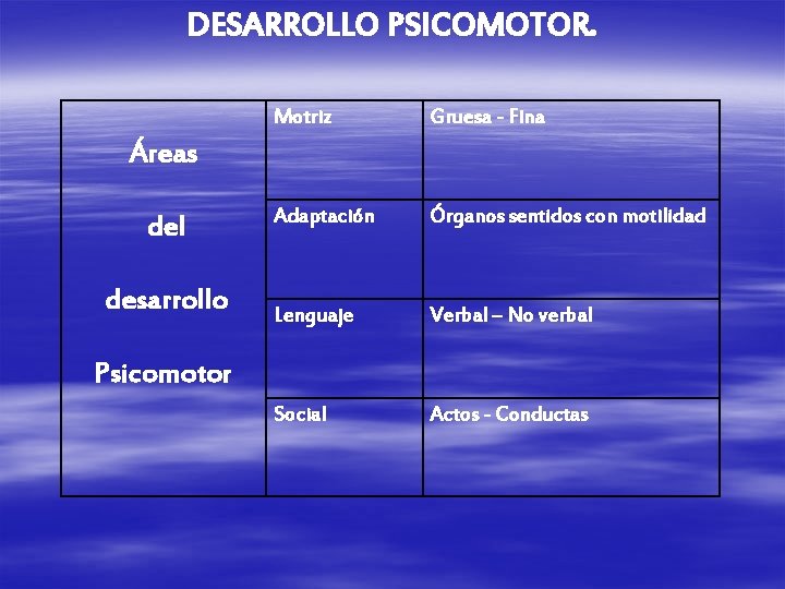 DESARROLLO PSICOMOTOR. Motriz Gruesa - Fina Adaptación Órganos sentidos con motilidad Lenguaje Verbal –