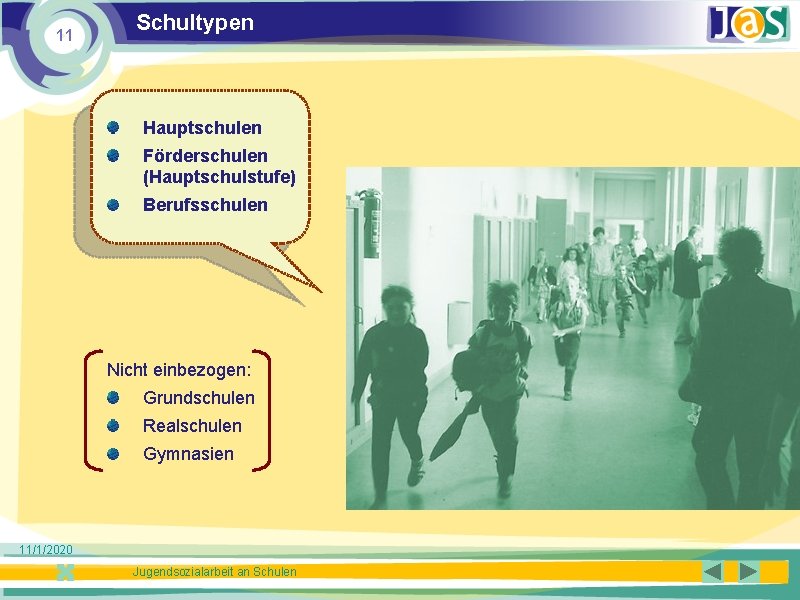 11 Schultypen Hauptschulen Förderschulen (Hauptschulstufe) Berufsschulen Nicht einbezogen: Grundschulen Realschulen Gymnasien 11/1/2020 Jugendsozialarbeit an