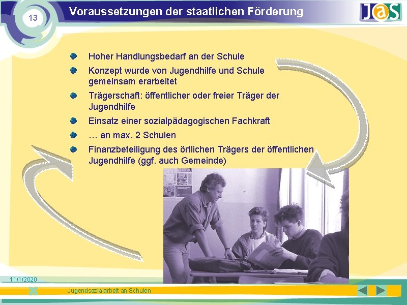 13 Voraussetzungen der staatlichen Förderung Hoher Handlungsbedarf an der Schule Konzept wurde von Jugendhilfe