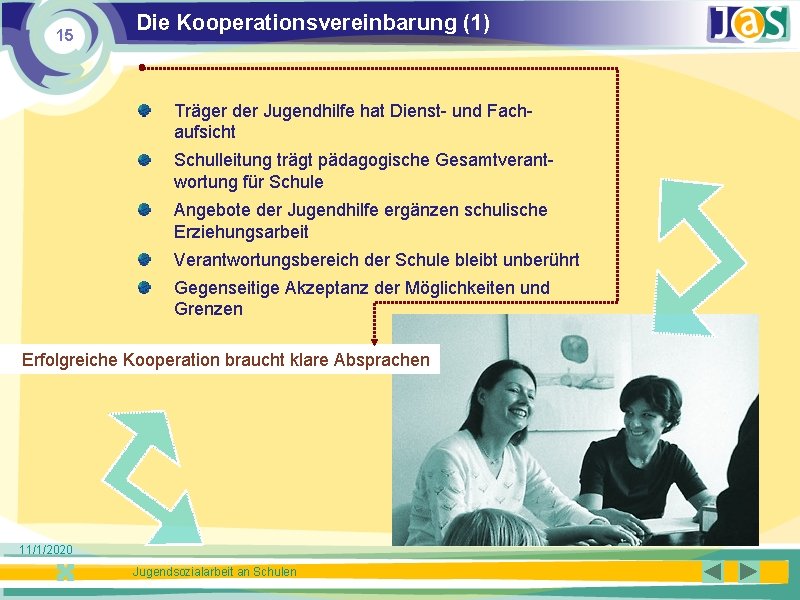 15 Die Kooperationsvereinbarung (1) Träger der Jugendhilfe hat Dienst- und Fachaufsicht Schulleitung trägt pädagogische