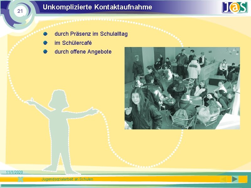 21 Unkomplizierte Kontaktaufnahme durch Präsenz im Schulalltag im Schülercafé durch offene Angebote 11/1/2020 Jugendsozialarbeit
