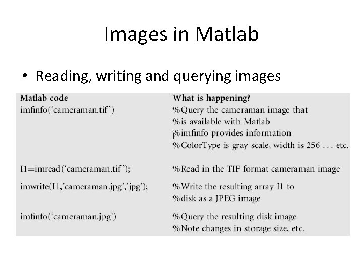 Images in Matlab • Reading, writing and querying images 