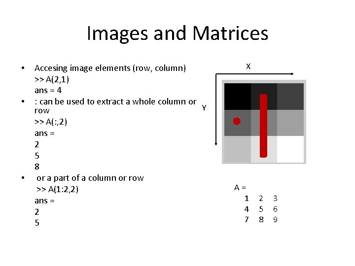 Images and Matrices • • • Accesing image elements (row, column) >> A(2, 1)