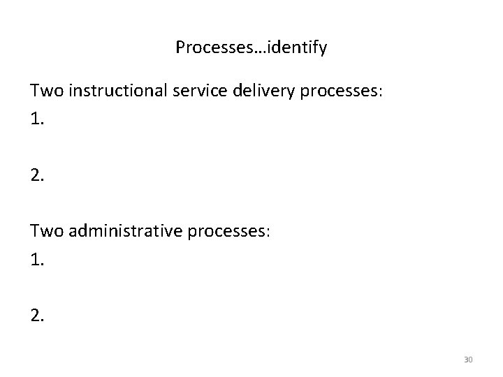 Processes…identify Two instructional service delivery processes: 1. 2. Two administrative processes: 1. 2. 30