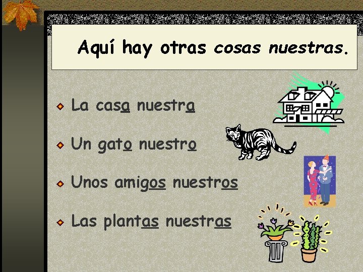 Aquí hay otras cosas nuestras. La casa nuestra Un gato nuestro Unos amigos nuestros