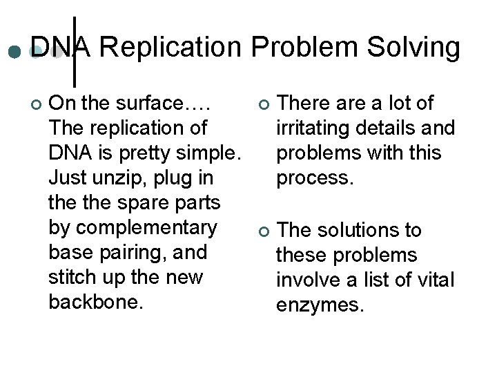 DNA Replication Problem Solving ¢ On the surface…. The replication of DNA is pretty