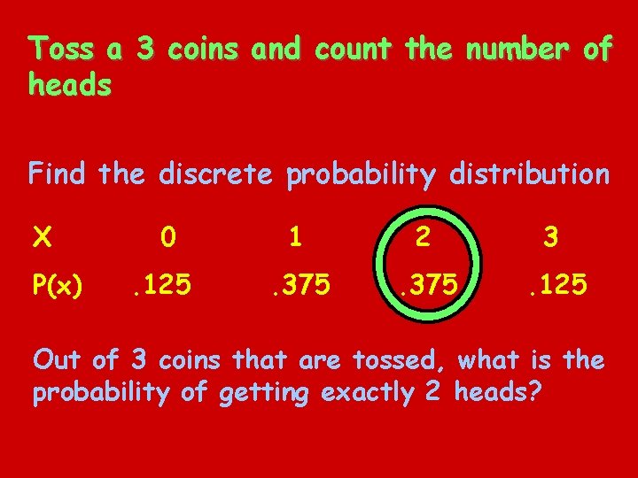 Toss a 3 coins and count the number of heads Find the discrete probability